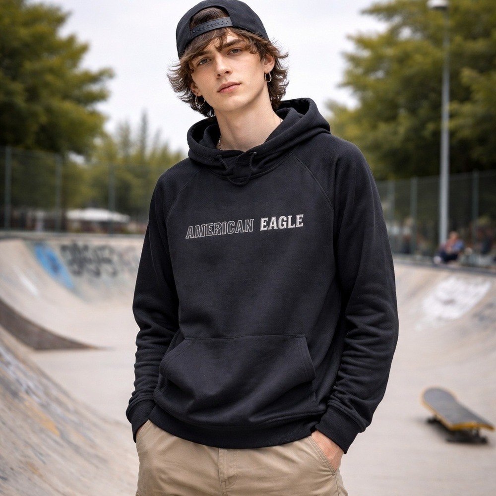American Eagle Waffle Knit Hoodie Mens M Sweatshirt Flex Athletic Pullover Hood